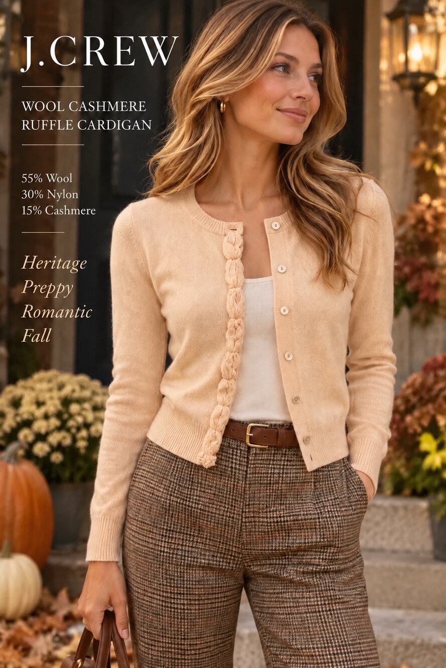 Romantic Heritage Preppy J.Crew Wool Cashmere Ruffle Cardigan Sweater Cream XS